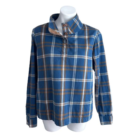 LL Bean Flannel Top Green Plaid Pullover Heritage High Neck Button Pockets Sz M - Picture 15 of 16